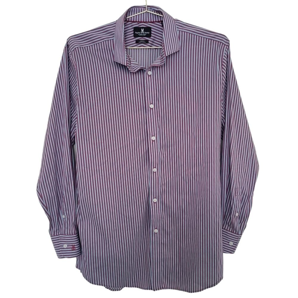 Psycho Bunny Shirt Mens 16 32/33 Red Blue Stripe Modern Fit Stretch Long Sleeve